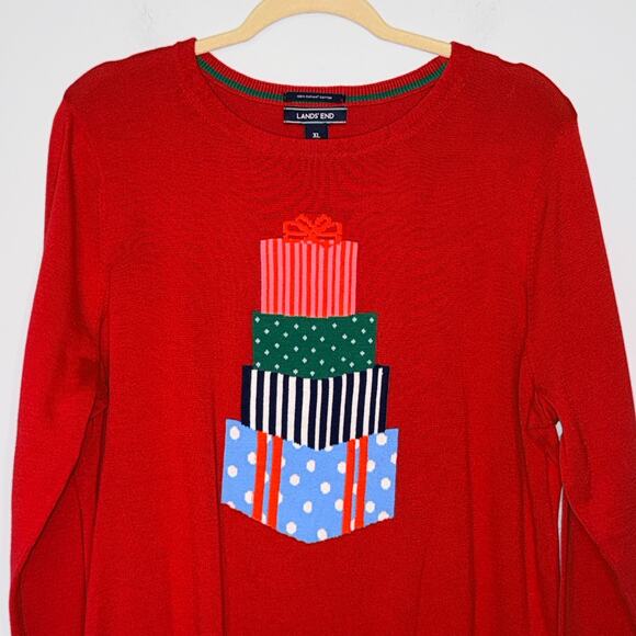Lands End Womens Holiday Sweater Present Gifts Size XL Red 100% Supima Cotton - Picture 2 of 7
